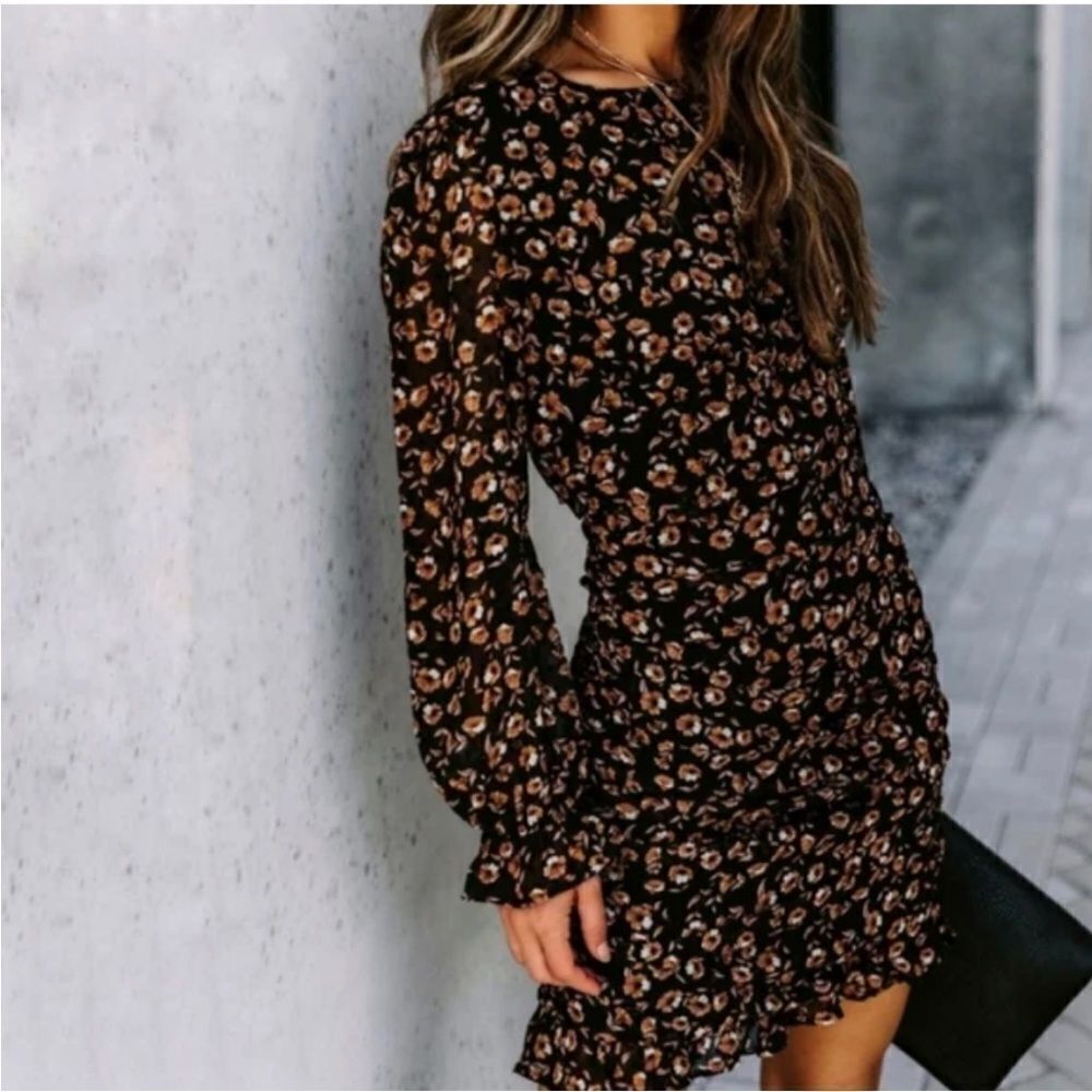 STORIA women’s black floral long sleeve ruched mini dress sz M